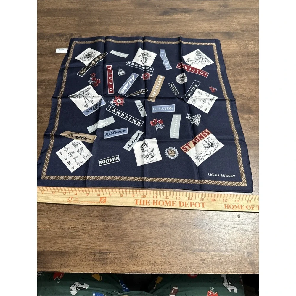 Laura Ashley Women's Silk Scarf Blue Postcard Travel Theme Cornwall‎ England